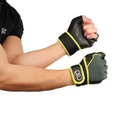 Fitness-Mad Mens Core Fitness Leather Training Gloves (Black/Green/Yellow) -Running equipment k5c6cdf1388c906889be12f1e13934b97